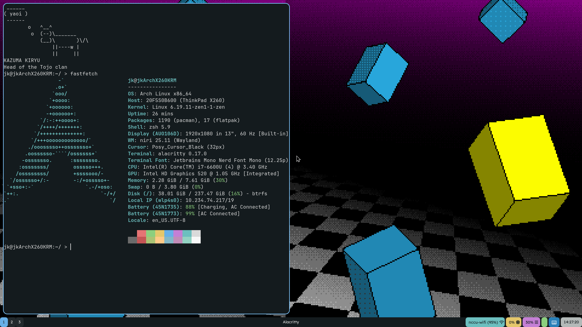 Screenshot of Niri, with a terminal running fastfetch, on Archlinux