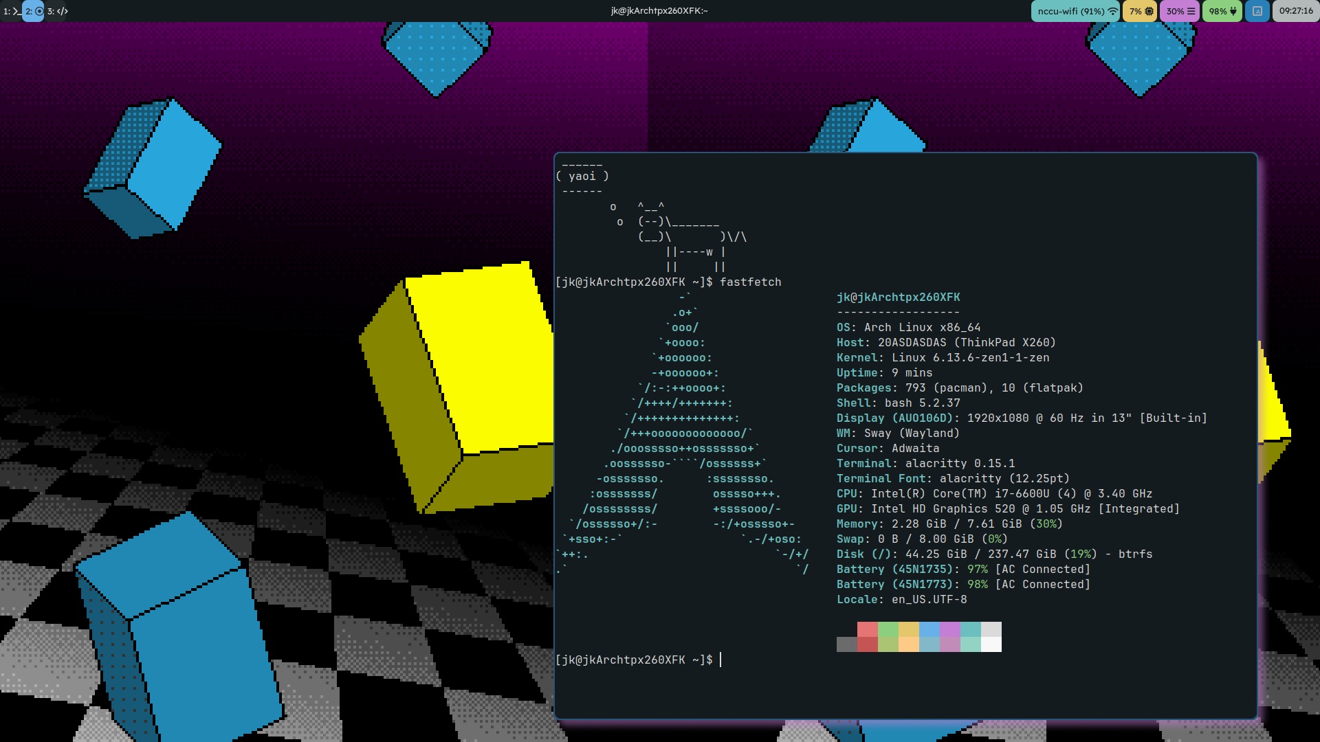Screenshot of swayfx desktop, with a terminal running fastfetch, on Archlinux