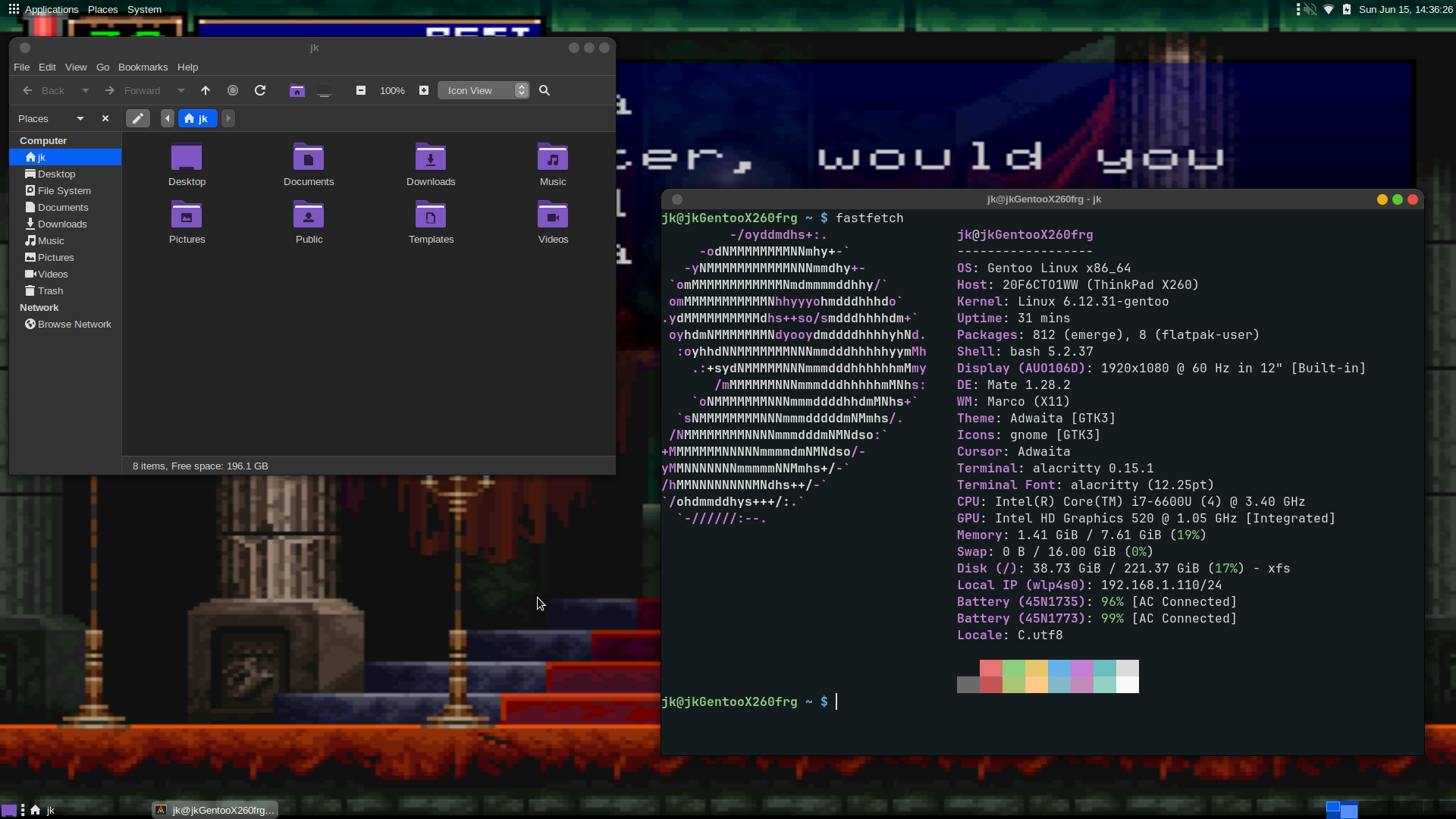 Screenshot of MATE desktop, with a terminal running fastfetch, on Gentoo Linux