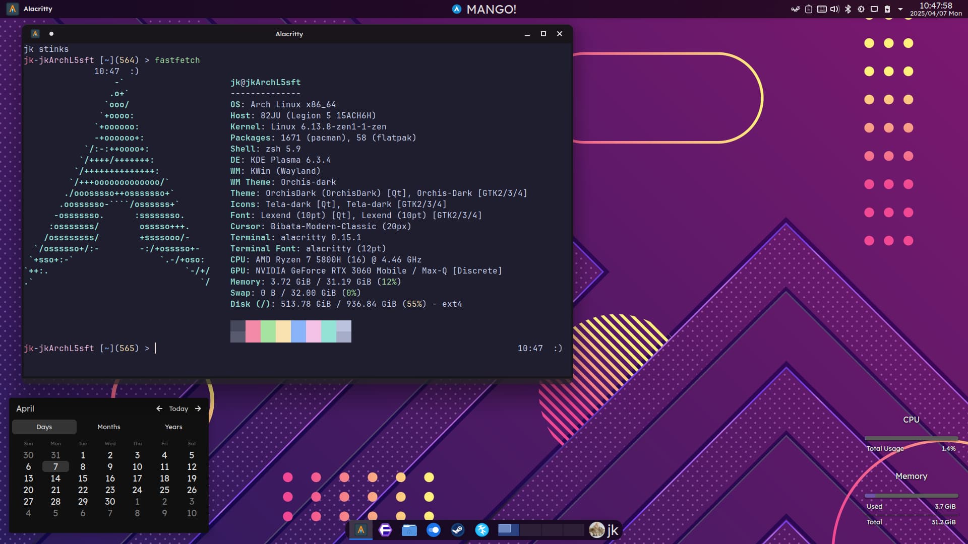 Screenshot of KDE, with a terminal running fastfetch, on Archlinux